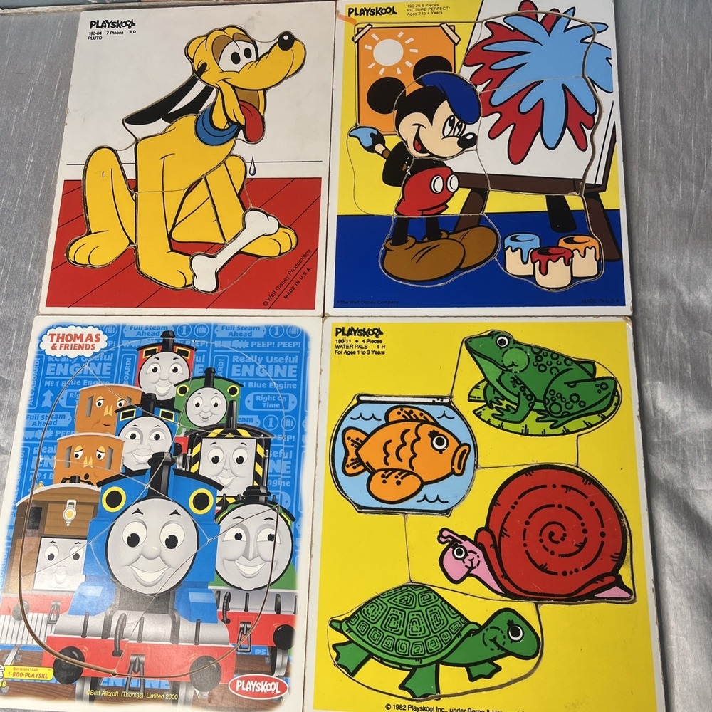 Vintage- Lot 4 Disney /Playskool Wooden Puzzles Mickey, Thomas The Train/ Pluto